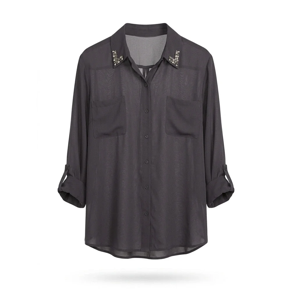 Chico’s Shine Collar Alexis Top Black Size 3 XL 16 Sheer Rhinestone NWT Plus
